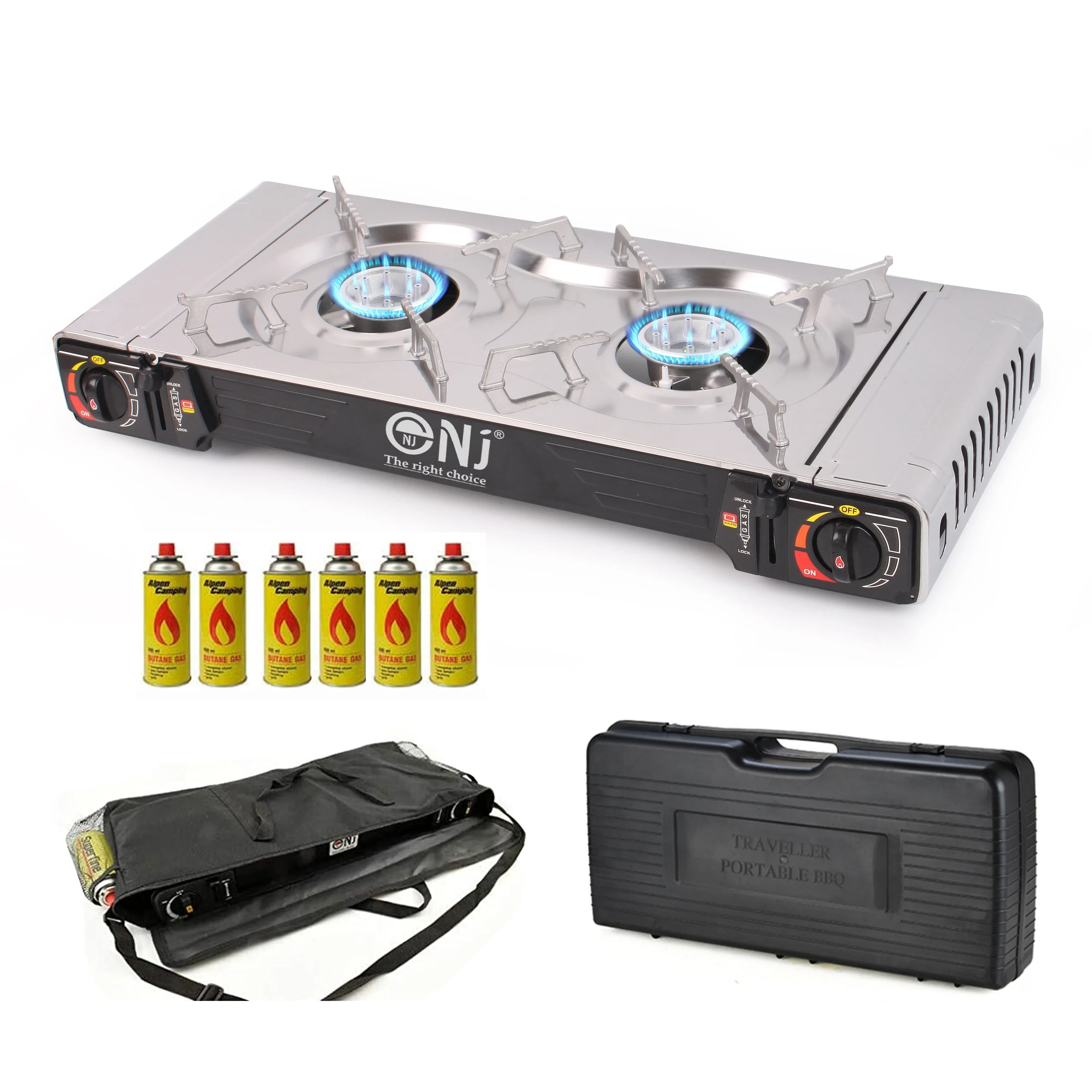 NJ SG-2S Portable Double Burner Stainless Steel Camp Gas Stove Butane BBQ Outdoor Cooker