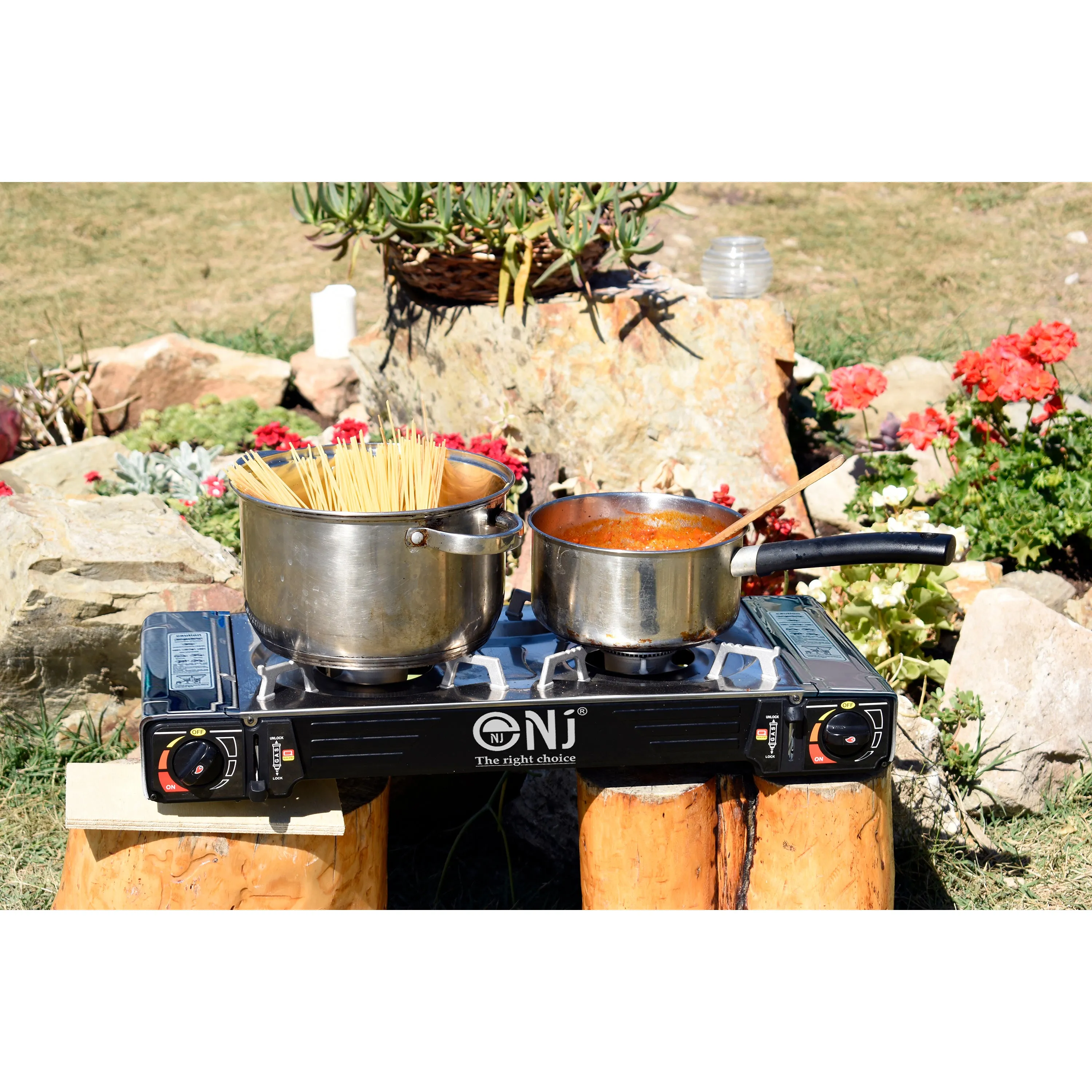 NJ SG-2S Portable Double Burner Stainless Steel Camp Gas Stove Butane BBQ Outdoor Cooker