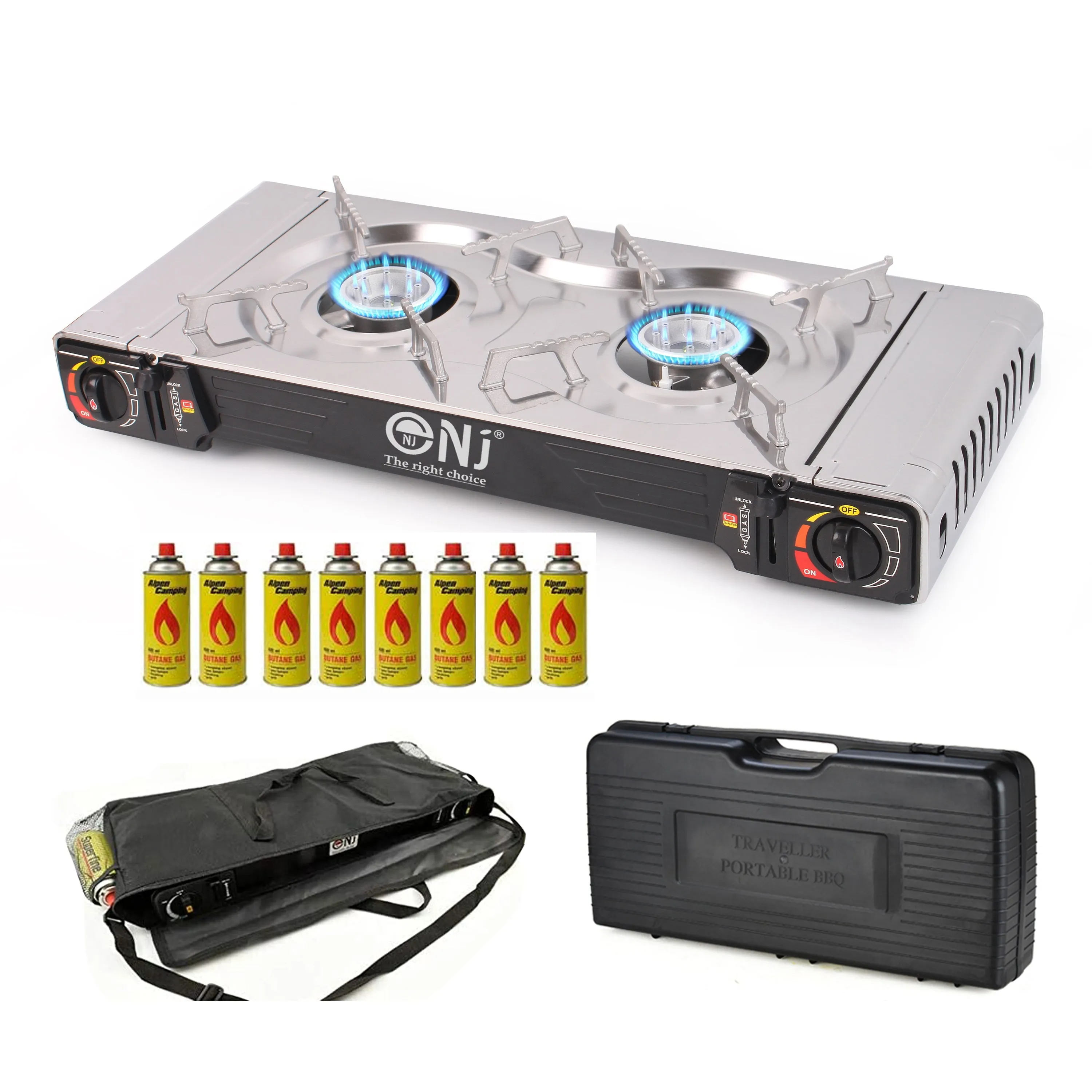 NJ SG-2S Portable Double Burner Stainless Steel Camp Gas Stove Butane BBQ Outdoor Cooker