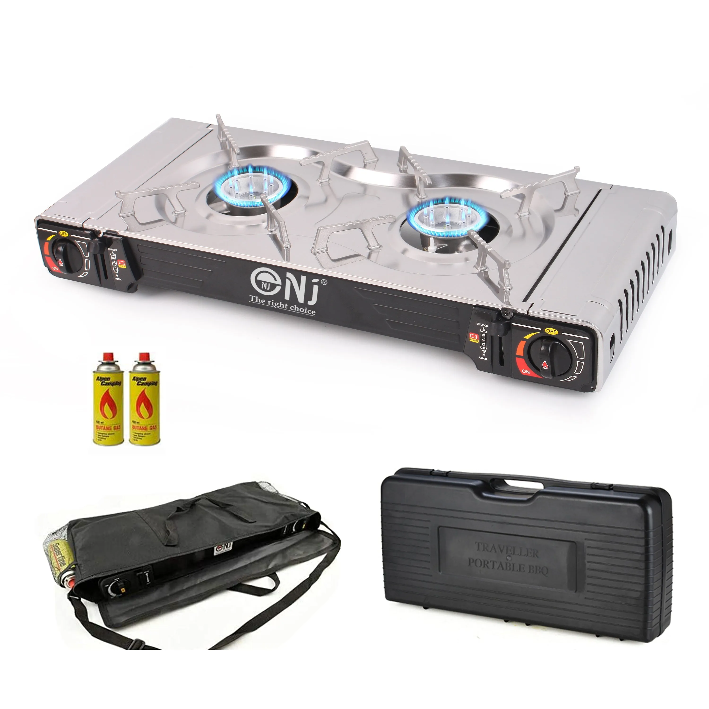 NJ SG-2S Portable Double Burner Stainless Steel Camp Gas Stove Butane BBQ Outdoor Cooker