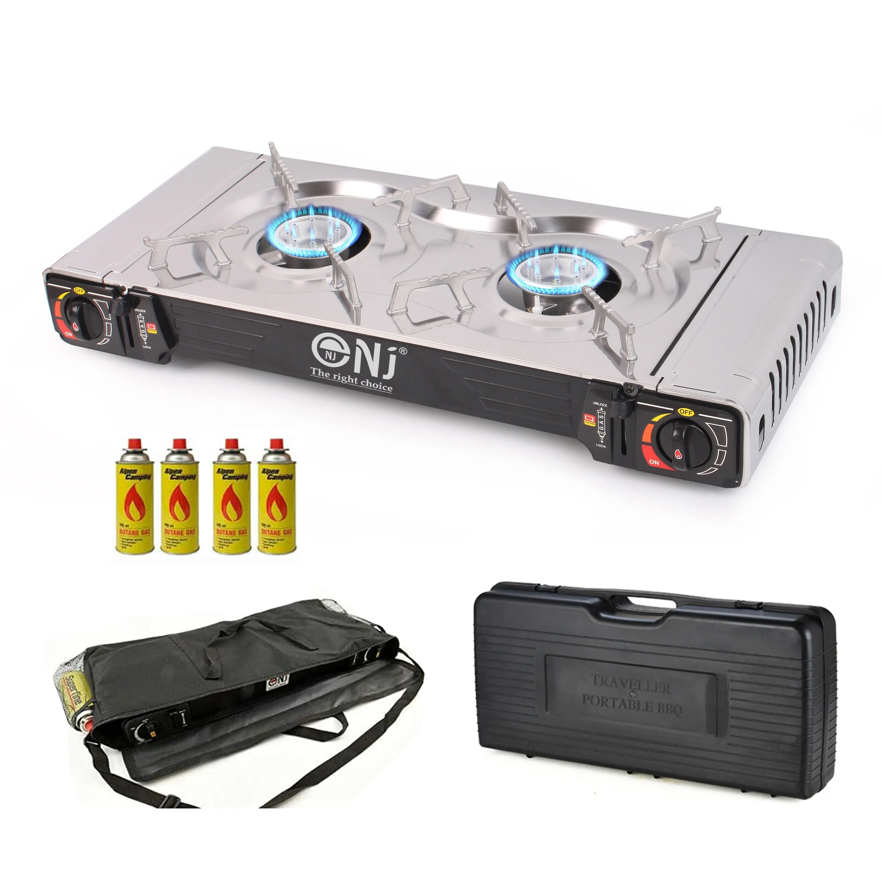 NJ SG-2S Portable Double Burner Stainless Steel Camp Gas Stove Butane BBQ Outdoor Cooker