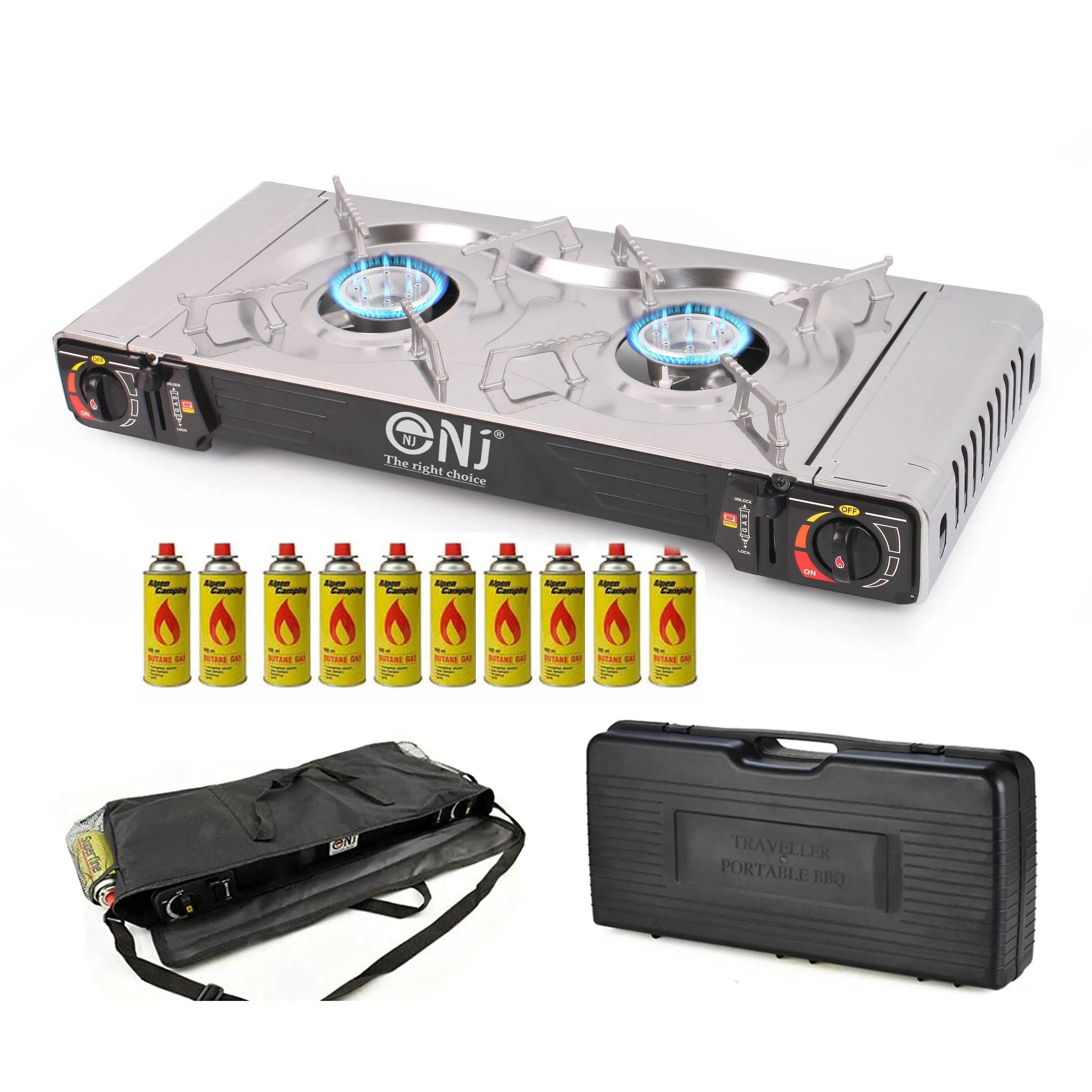 NJ SG-2S Portable Double Burner Stainless Steel Camp Gas Stove Butane BBQ Outdoor Cooker