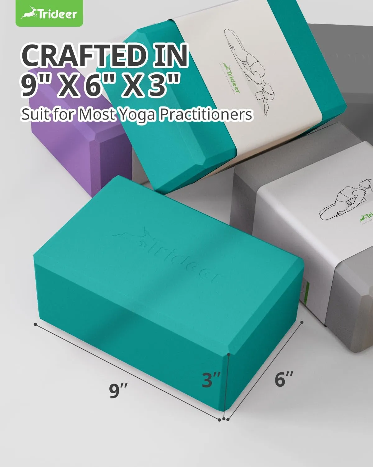 Trideer 9"X6"X3" Yoga Blocks, Yoga Blocks 2 Pack, High Density EVA Foam Blocks, Supportive, Lightweight & Odor Resistant, Yoga Essentials for Yogi & Yogini, Yoga Accessories