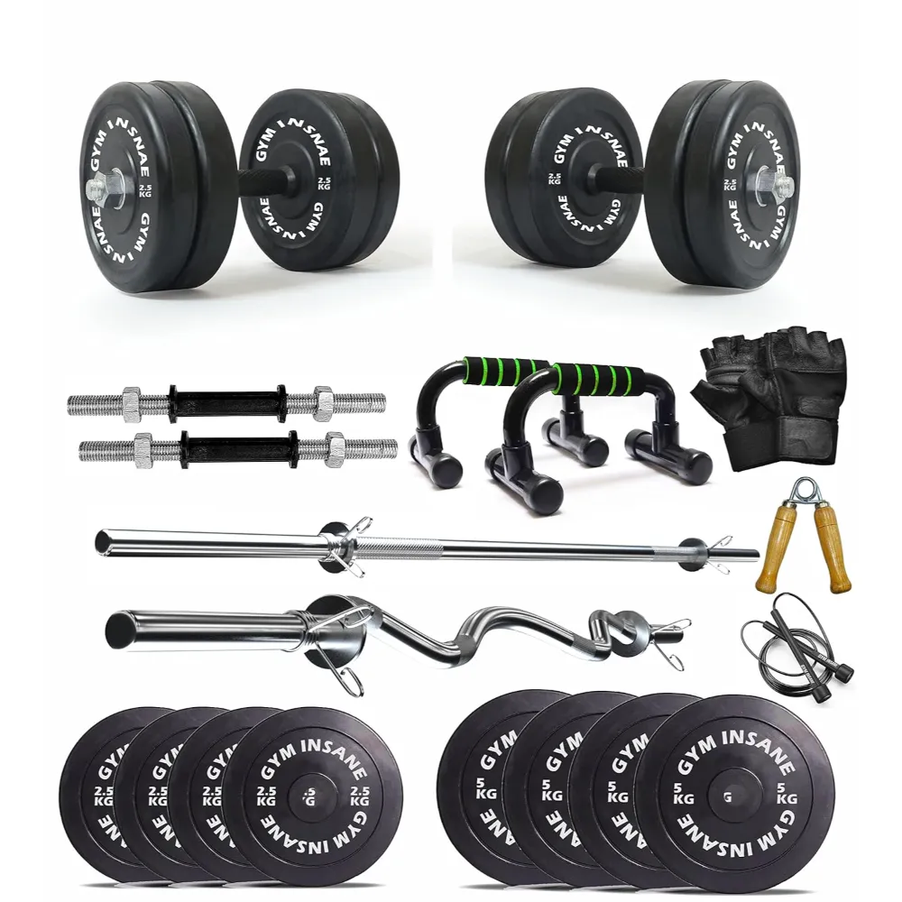 Workout Gym Kit (Rubber Plate ,1 Straight Rod, 1 Curl Rod, 1 Dumbbell Rod, Gloves, 1 Skipping Rope, 1 Gripper, 4 Locks) | 18  Years